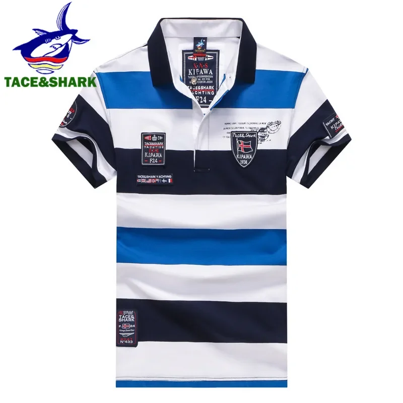 TACE & SHARK 2018 nuovo stile moda estate uomo polo a righe larghe polo homme Casual ricamo manica corta polo uomo para hombre