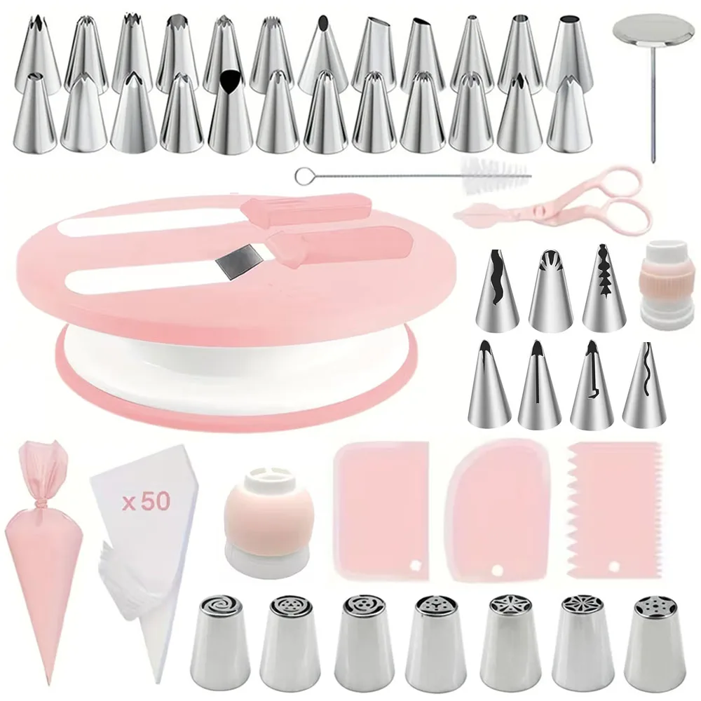 100Pcs Cake Decorating Kit,Complete Baking Tools Set with Turntable, Icing Piping Tips,Spatulas,Bags for Beginners,Pink or Green