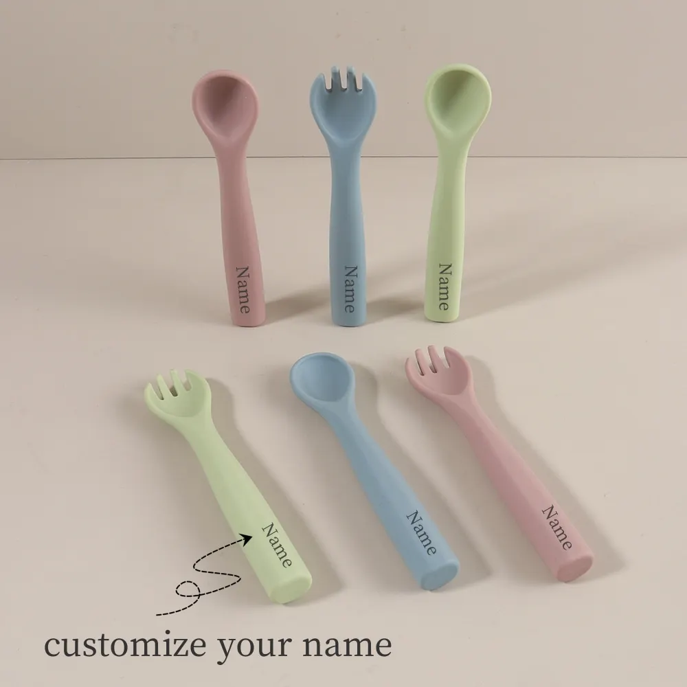 Engrave Custom Name 1 Pair Silicone Spoon and Fork Food Grade Silicone Easy Grip Handle