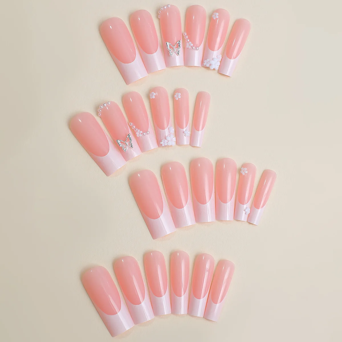 24 pçs francês pérola flor imprensa em unhas liga borboleta unhas simples cobertura completa wearable unhas falsas