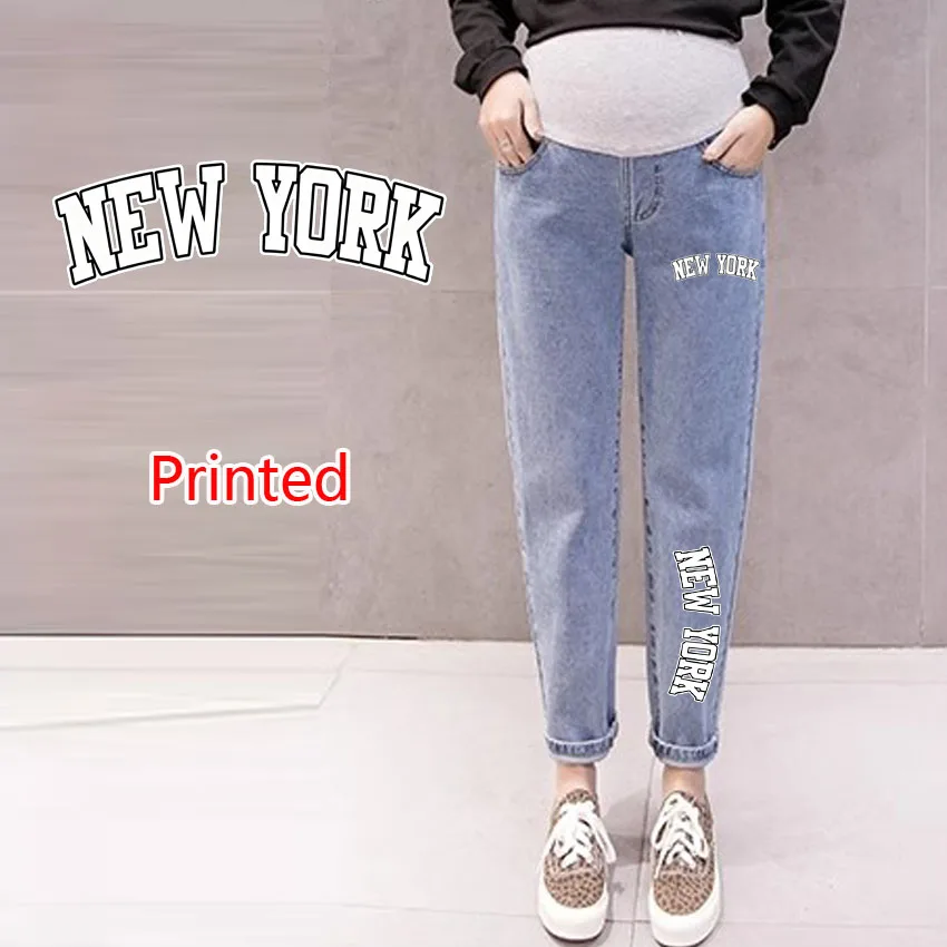 

Fashion Maternity Jeans Maternal Clothes New York Printing Belly Pregnant Wide Leg Pants Support Trousers Clothing Pregnancy