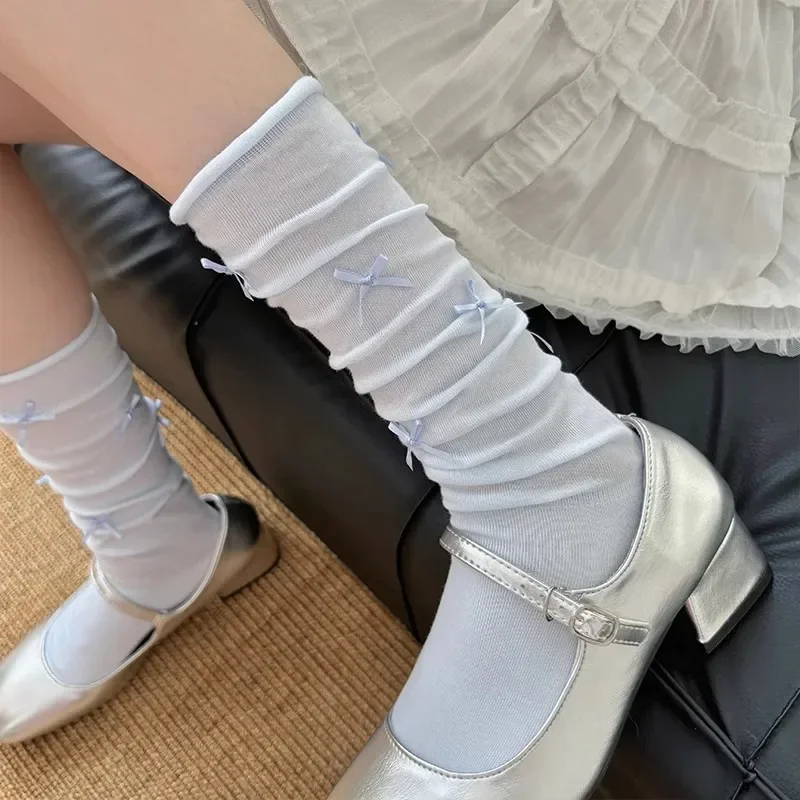 لوليتا القوس الأزرق جوارب بيضاء 2026 JK النمط الياباني ضمادة Bowknot Kawaii جورب النساء الحلو الفتيات لطيف القطن الجوارب الطويلة سوكس