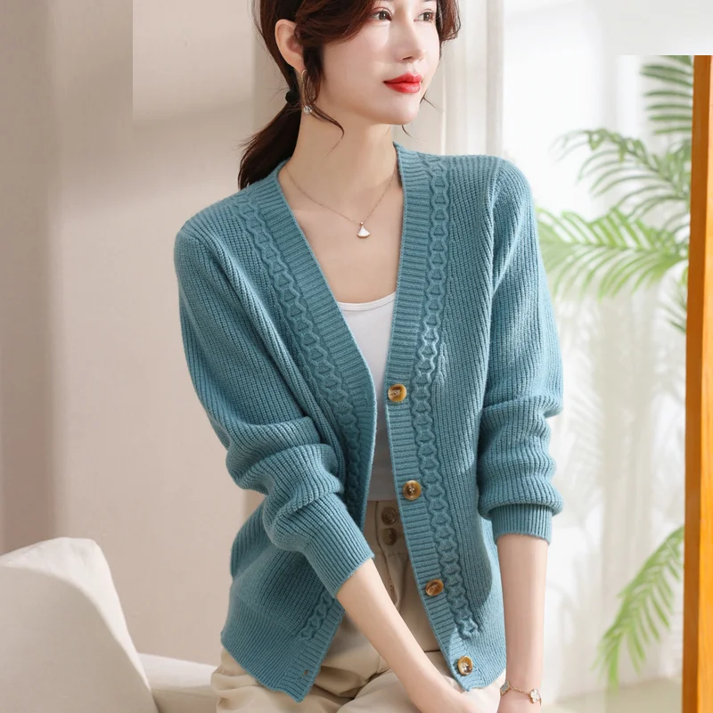 Suéter de malha de alta qualidade cardigan feminino outono 2025 sem pilling longo sve v-ne regular fino faion roupas femininas