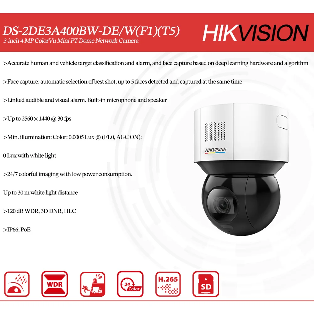 Imagem -05 - Câmera ip de Rede Hikvision Mini pt Dome Poe Original Ds2de3a400bw-de f1 t5 Ds-2de3a400bw-de w f1 t5 4mp Colorvu Ip66