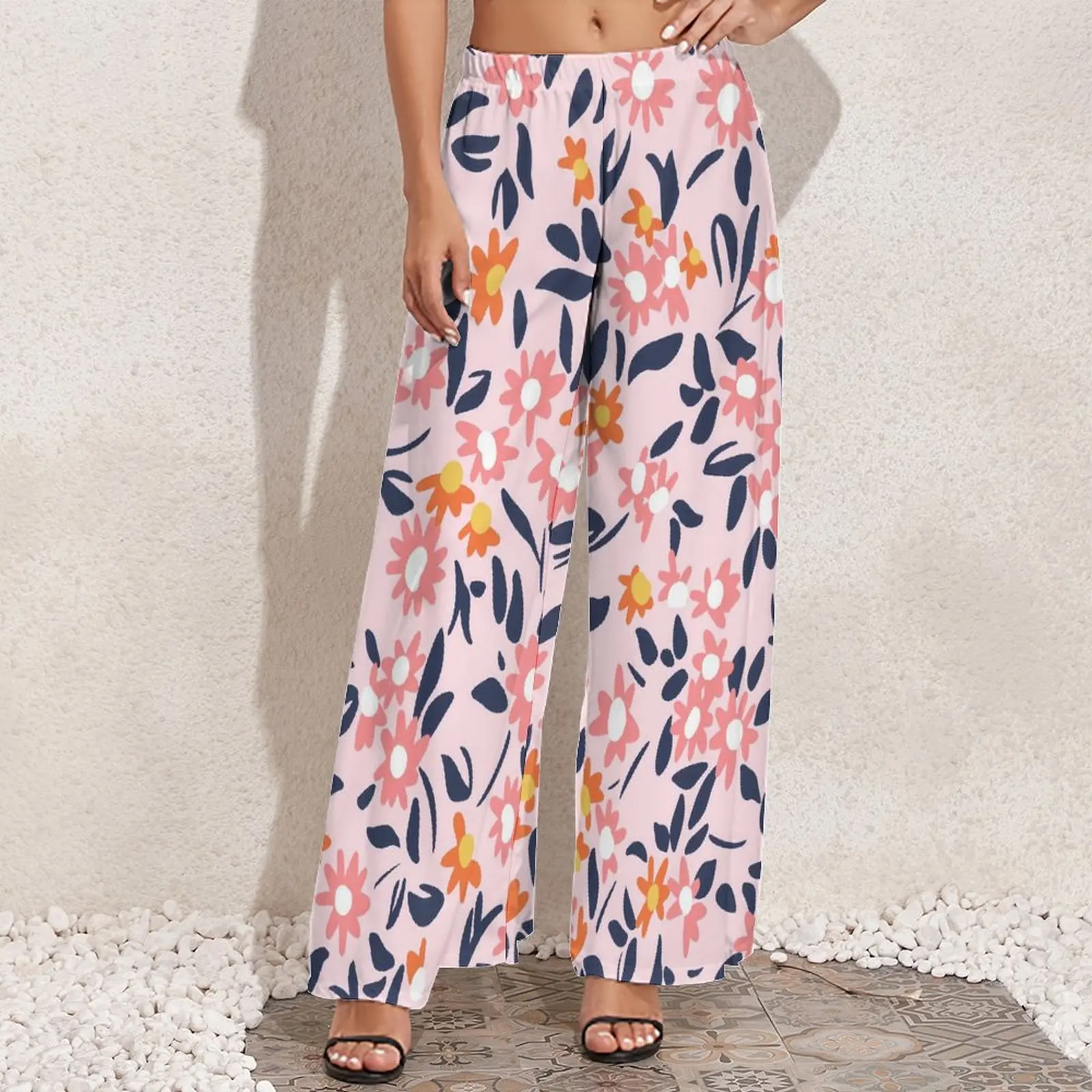 Pink Daisies Print Pants High Waist Meadow Flowers Casual Trousers Streetwear Graphic Wide Pants