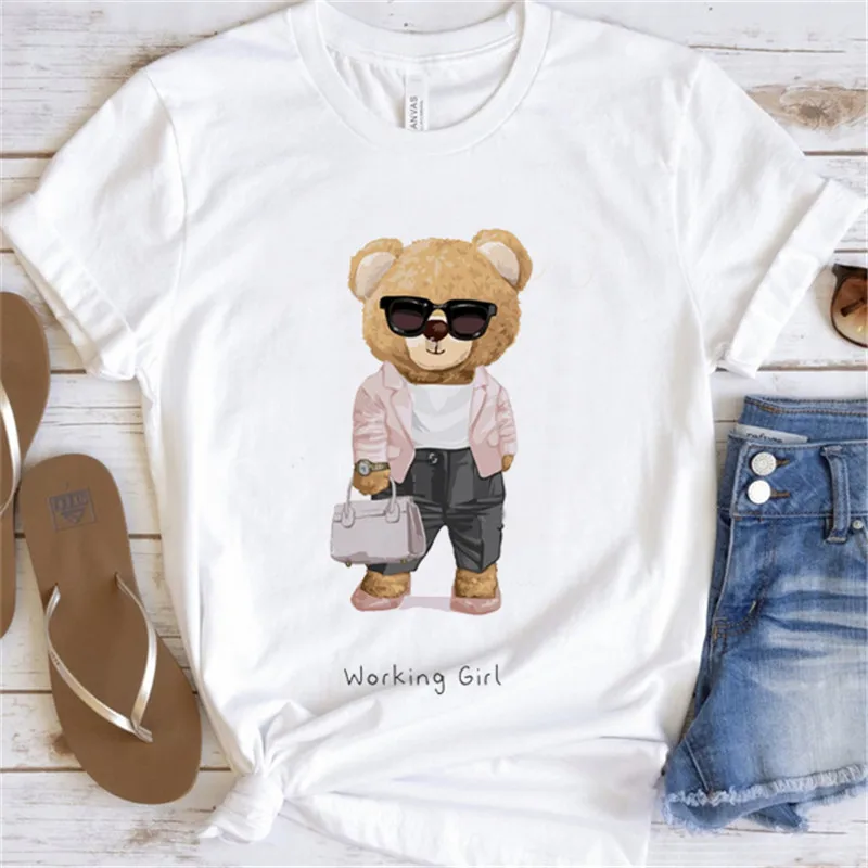 Fashion Graphic T-shirt Women Cute Bear Short-sleeved Clothes Women Print T-shirt Summer 90\'s Fashion Style Women T-shirt