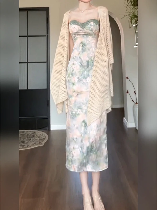 Retro Bloemenprint Strapl Lange Dr Dames Zomer 2025, Nieuwe Hoge Taille Afslankjurk Koreaanse Sle A-lijn Midi Dr