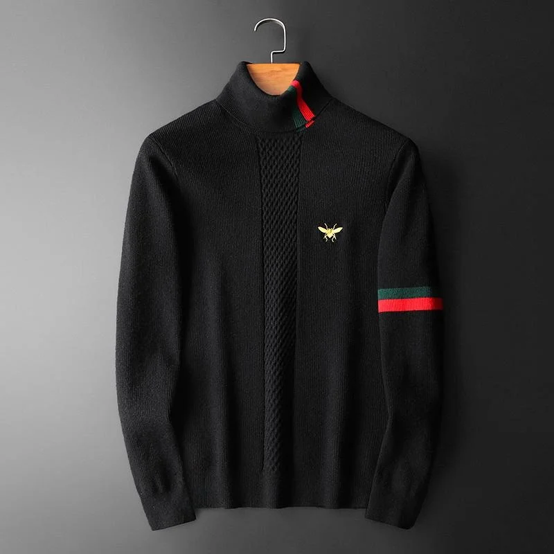 

Мужской шерстяной свитер Zhanchao с вышивкой пчелы, высокий воротник, новинка 2025 года, европейский стиль, премиум-качество