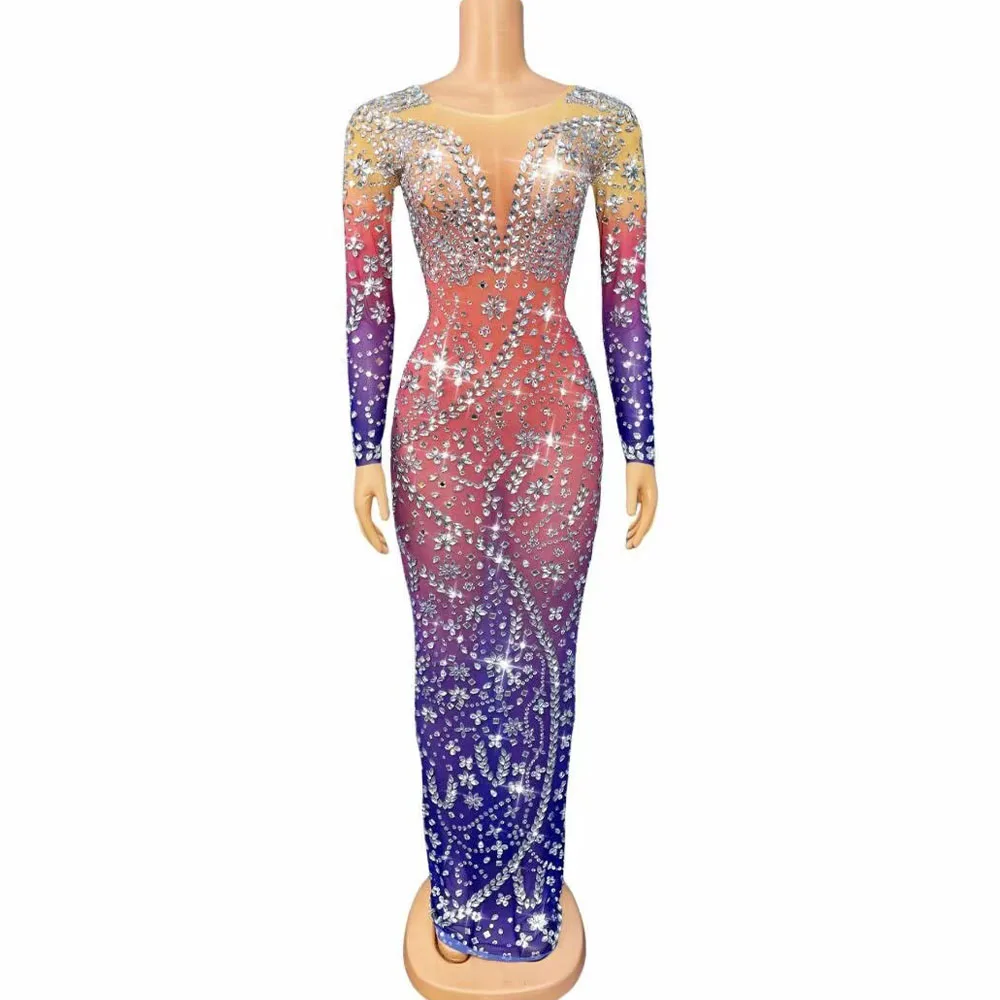 

Sexy Elegant Gradient Color Sparkly Rhinstones Trim fit Mesh Dress Birthday Party Evening Gowns Red carpet Photoshoot Outfit