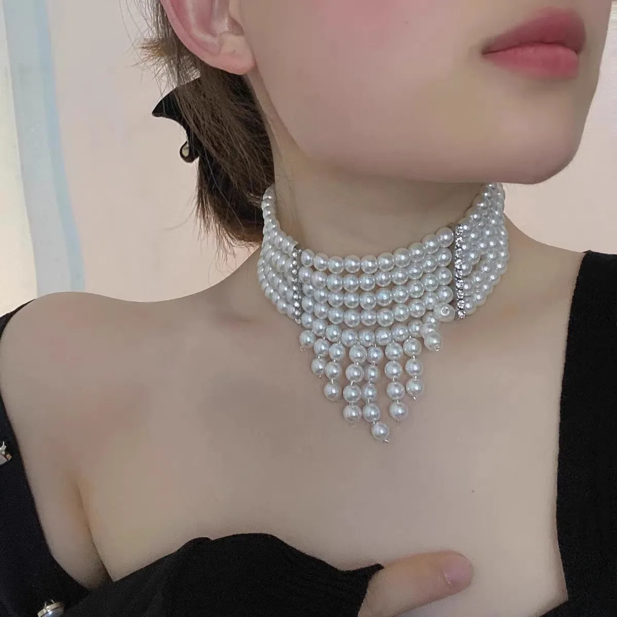 French Vintage Multi Layer Faux Pearl Choker Tassel Design Elegant Wedding Banquet Women Clavicle Necklace