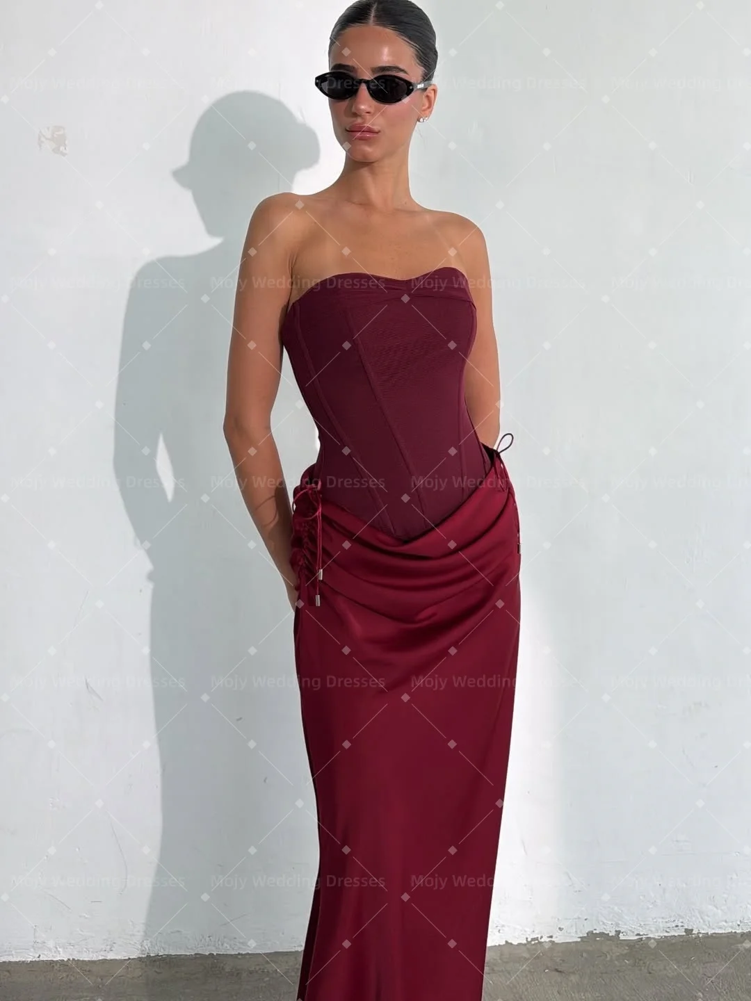 

Mojy 2026 Strapless Prom Dresses Mermaid Satin Pleat Robe Soirée Femme Handmade Flowers Formal Dresses Woman Customized