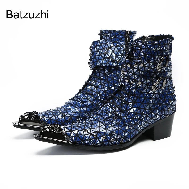 

Batzuzhi 6.5CM Heels Men's Boots Iron Toe Blue Genuine Leather Ankle Boots Men Zip Buckles Rock Punk Boots for Men Party,Wedding