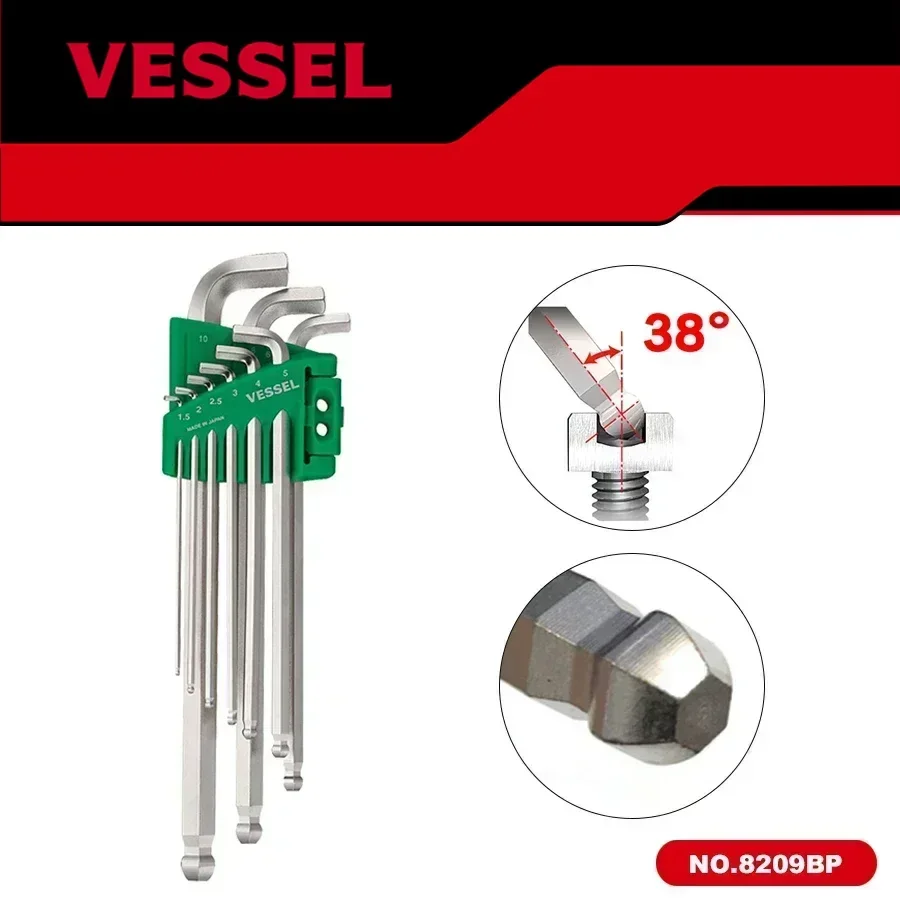 Genuine VESSEL NO.8209BP|8209BP-L|8209BP-S 9Pcs Hex Bar Ball Point L-Wrench Set Short/Long Type Allen Key Sets