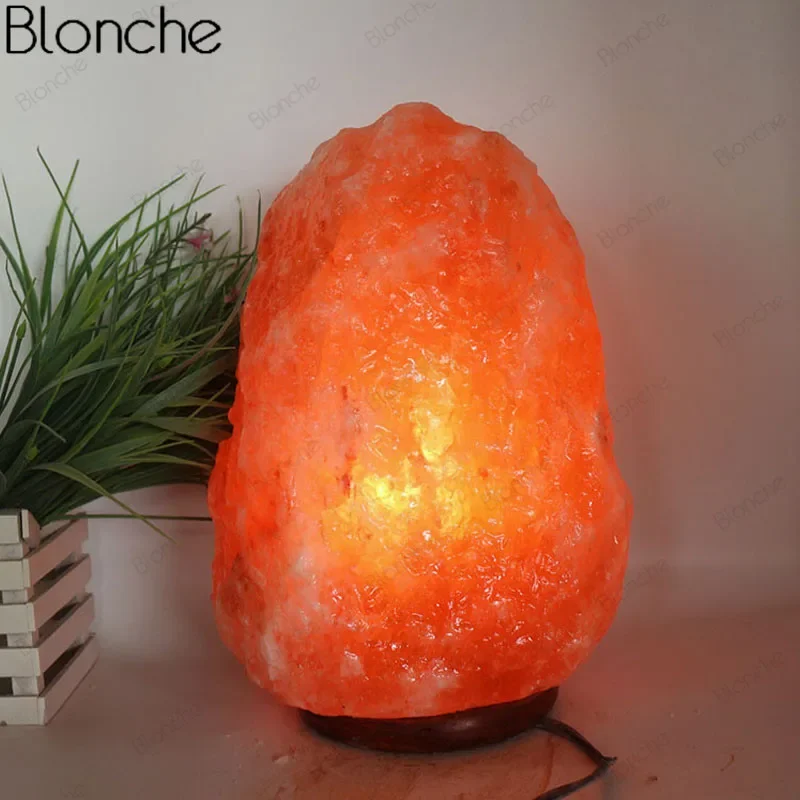 Himalayan Crystal Salt Lamp LED Rock Night Light Hand Carved Wooden Base Stand Light Air Purifier Bedroom Home Decor Luminaire