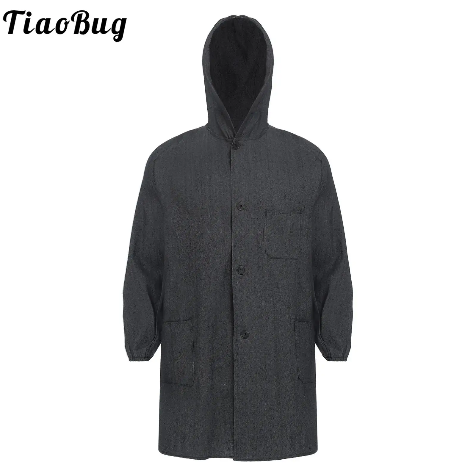 

Men's Wear-resistant Hooded Denim Work Jackets Long Sleeve Black Pockets Lab Coat for Workshop Spray Paint Cleaning Room Coats