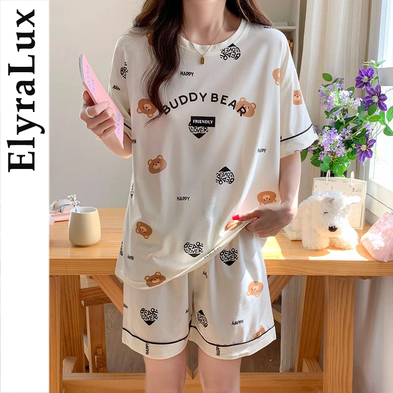 

ElyraLux Summer Pajama for Women Cute Girl Print Short Sleeve Shorts Two-Piece Sets with Chest Pad Home Cloths Thin Woman Lounge