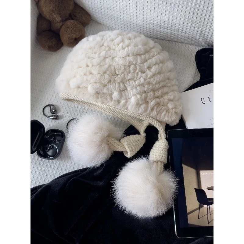 Autumn and winter new Rex rabbit hair hat fox hairball knitted hat women's warm fur ear protection Lei Feng hat versatile travel