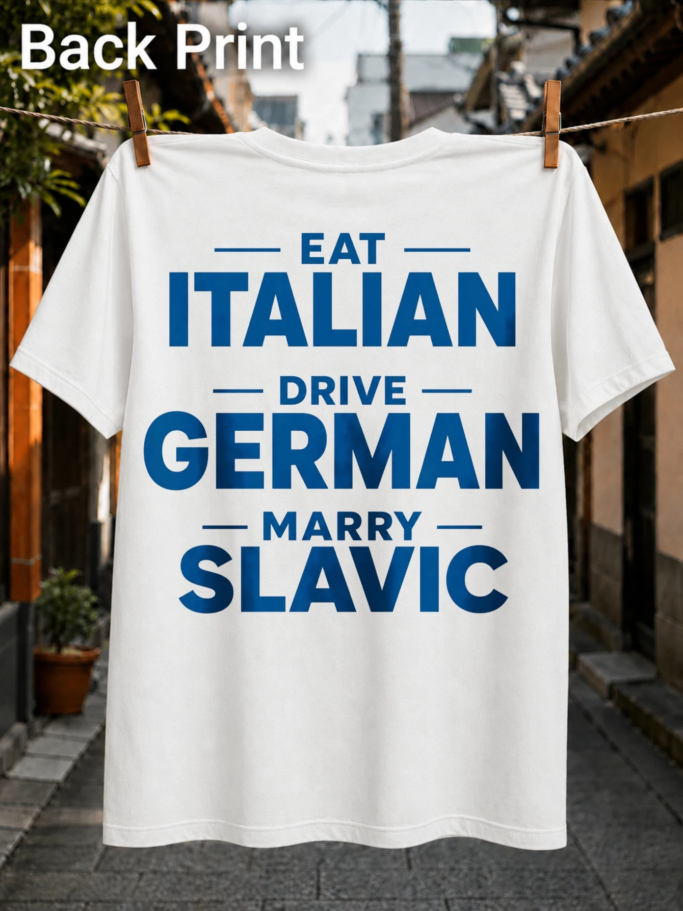 blue bold stacked EAT ITALIAN DRIVE GERMAN MARRY SLAVIC slogan with divider lines bold retro statet  Unisex All T-Shirt