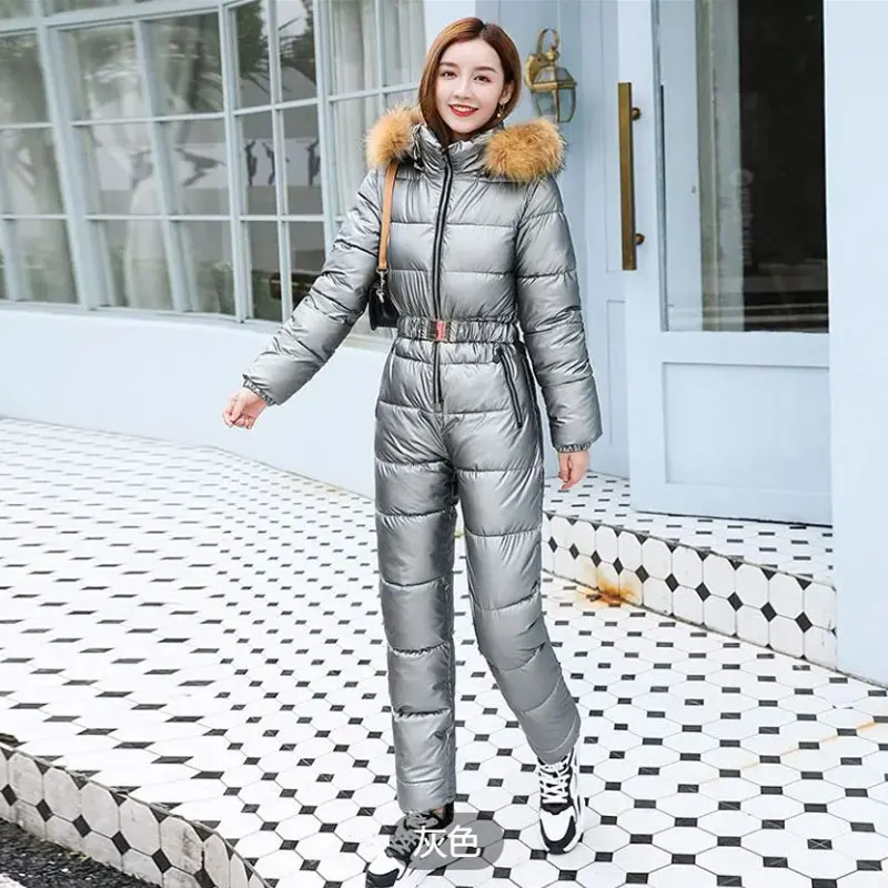 

2025 Winter New Women Cotton Jumpsuit Women Thick Warm Slimming Bright Padded Coat And Pants Two-Piece Ensemble Clothing Female