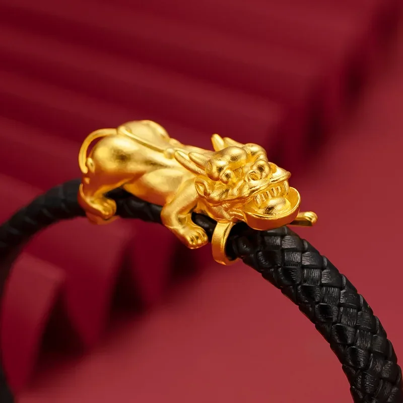 GoldEclat  Luxury Men's 9999 24K Real Gold Bracelets Gold Swallowing Leather Rope Bracelet Simple and Fashionable Jewelry for Me