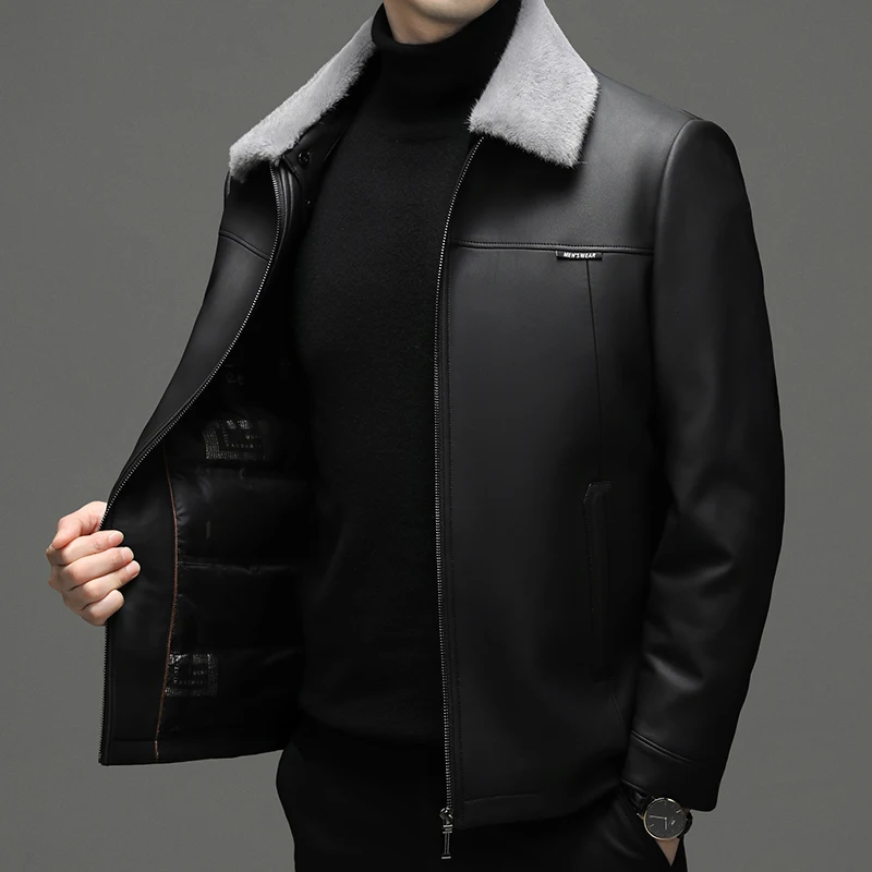 ZDT-8013 Winter New High Quality Men\'s Genuine Leather Down Coat With Detached Ferret Plush Collar Casual White Duck Down Coat