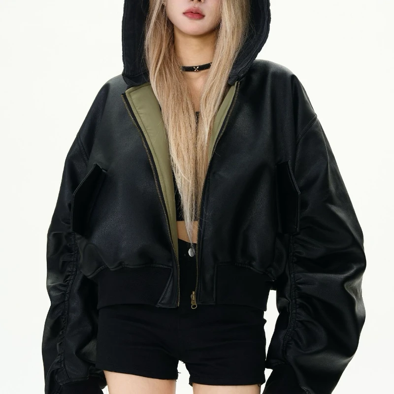 Fall Winter Hooded Double-sided Leather Jacket Women's Short Loose Flight Suit Coat Fashion Clothes