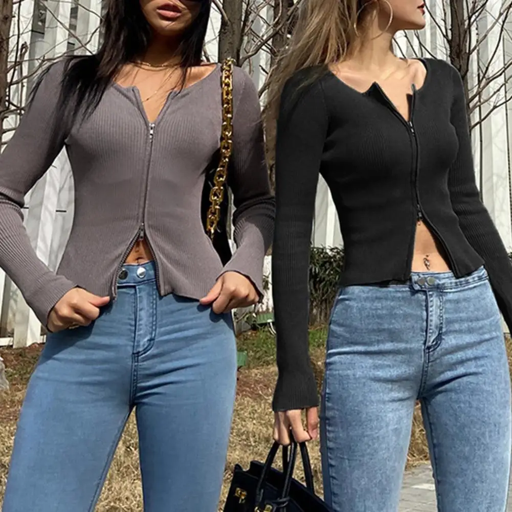 Early Autumn Women's Sweater Outwear Double Zippers Design Long Sleeve Short Slim Coat Jacket Solid Sexy Ribbed Knit Sweaters