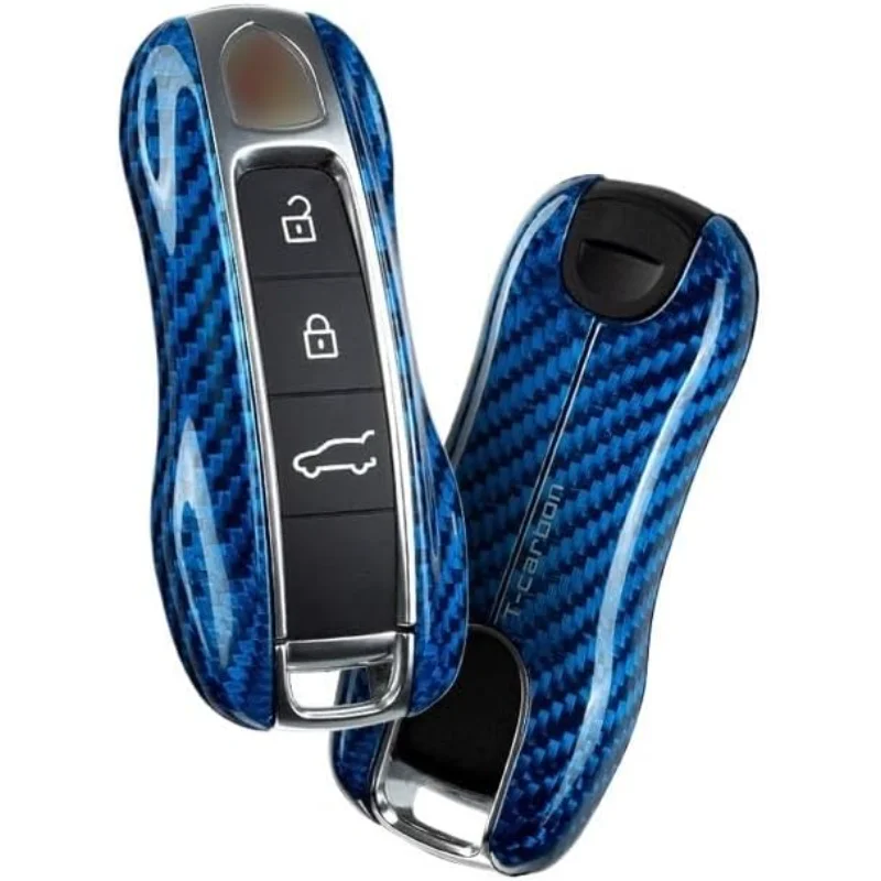 Funda de fibra de carbono para llave de coche, Compatible con Porsche 911 Cayenne 718 Panamera 911 Boxster, carcasa remota inteligente, accesorio para coche (Blu