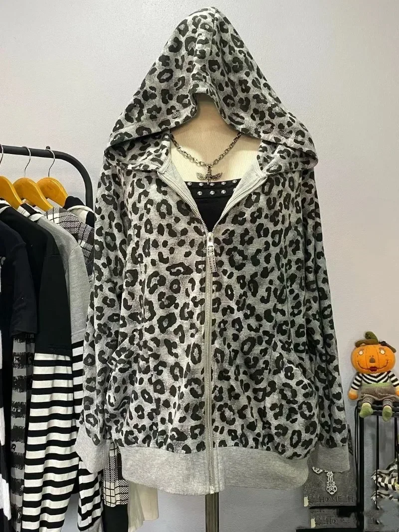 American Vintage Autumn Leopard Casual Loose Coats Y2k Aesthetic High Street Gothic Sweatshirts Subcultural Hip Hop Clothes