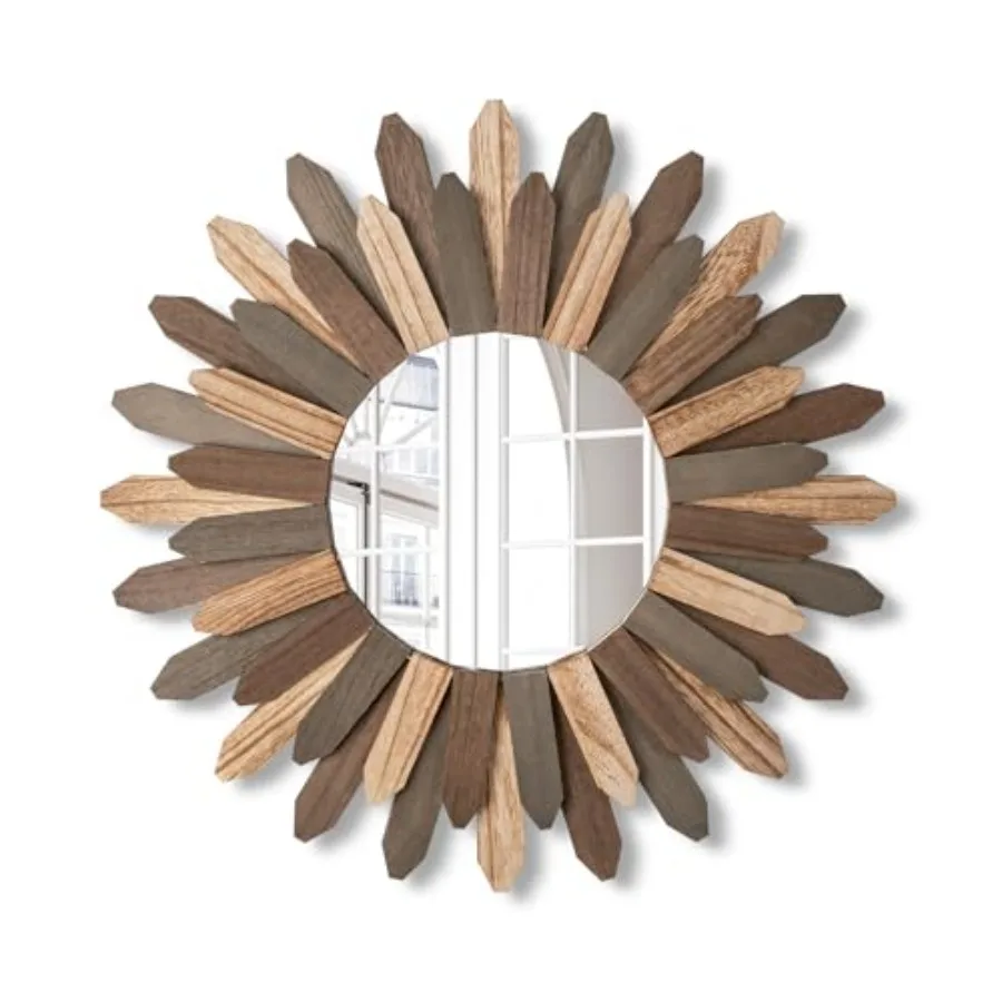 Wall Mirror 21 inch Large Rustic Wood Boho Mirror Wall Decor Boho Room Decor Home Decor Aesthetic Farmhouse Decor for Bedroom L