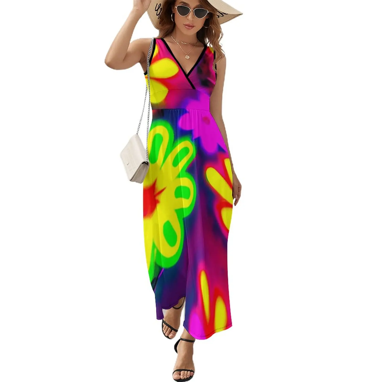 

60s Style Neon Flowers Cool Poster Sleeveless Dress Beachwear dresses with long sleeves