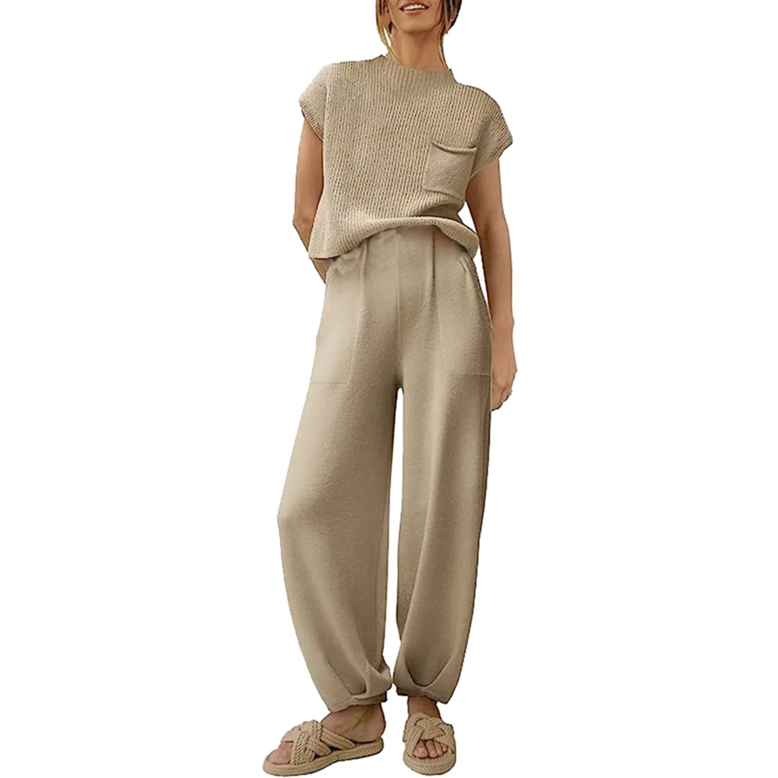 Completi estivi a due pezzi pantaloni maglione lavorato a maglia da donna Set Pullover a maniche corte top pantaloni a vita alta completo Lounge Set