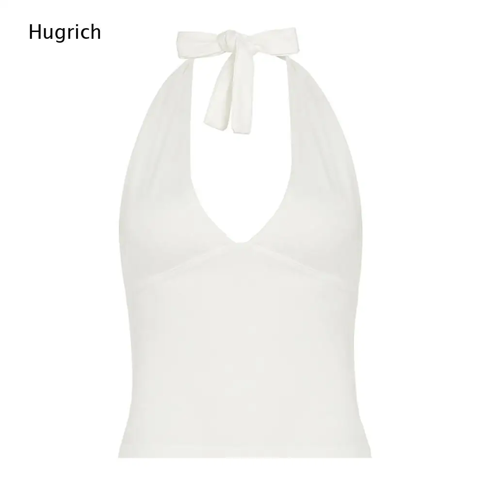 Chic Solid Black Halter Crop Top Tie Back Deep V Neck Bodycon Stretchy Summer Nightclub Going Out Sleeveless Tank Top