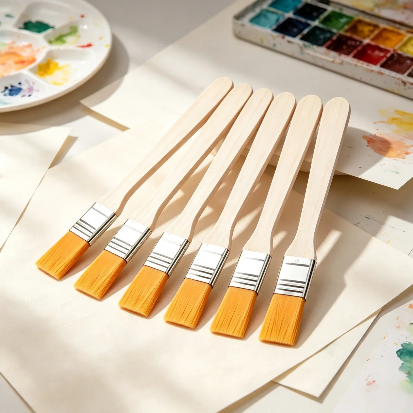 Yellow Nylon Bristle Flat Brush - Wooden Handle Painting Brush for Oil, Acrylic & Canvas Art Wooden Flat Nylon Paint Brush