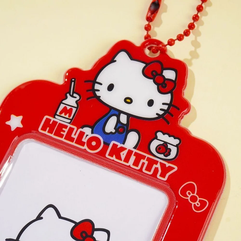 Cute Hello Kitty Photocard Holder Red Acrylic ID Badge Case with Bead Chain, KT Cat Bus Card Cover Key Chain Kawaii Gift