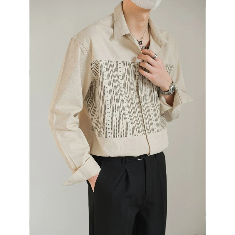 

Spring Summer New Fashion Trend Korean Casual Long Sleeve Shirt Men Lapel Print Button Patchwork High End Light Luxury Shirt Top