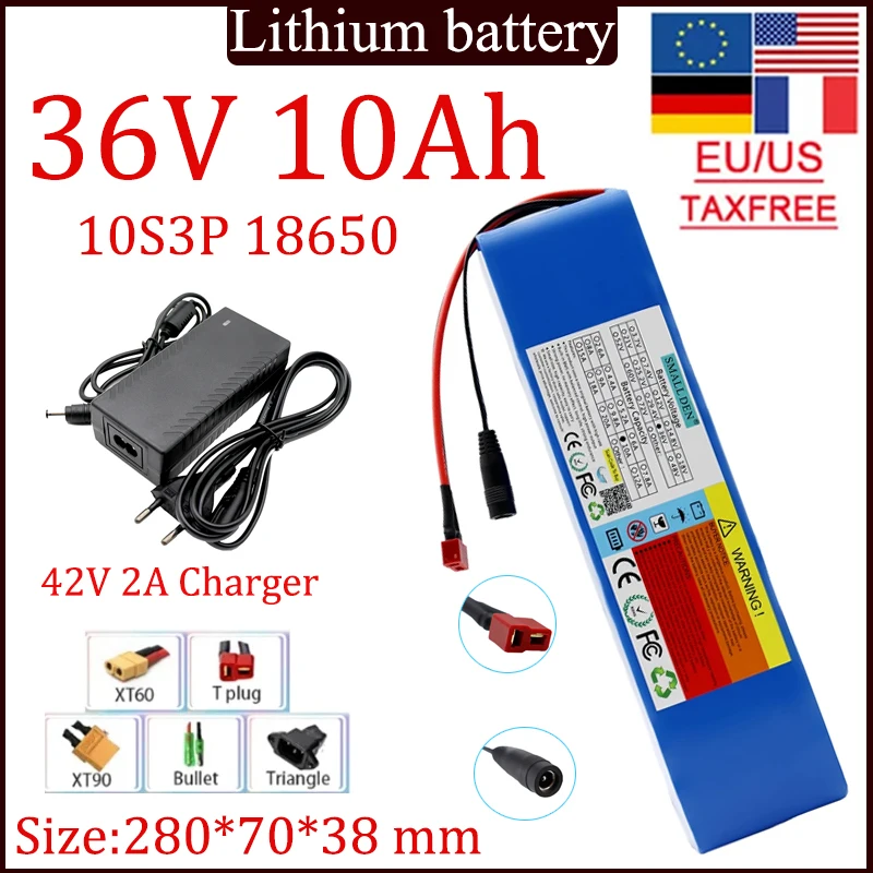 36V 10A Lithium Battery Pack+42V2A DC5.5*21 Charger,Spare high-quality batteries Built-in 15A BMS for Power Tools 600W Motor Use