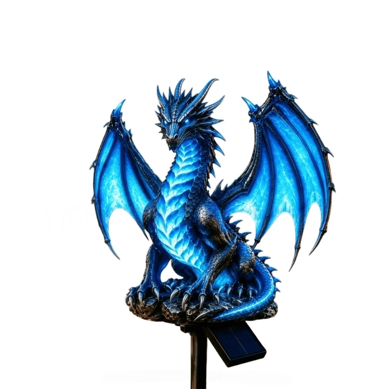 Dragon Lawn Lamp Resin Figure with Solar Panel, Garden Soil Pick, Porch Balcony Decoration, Outdoor Gift for Dragon 87HA