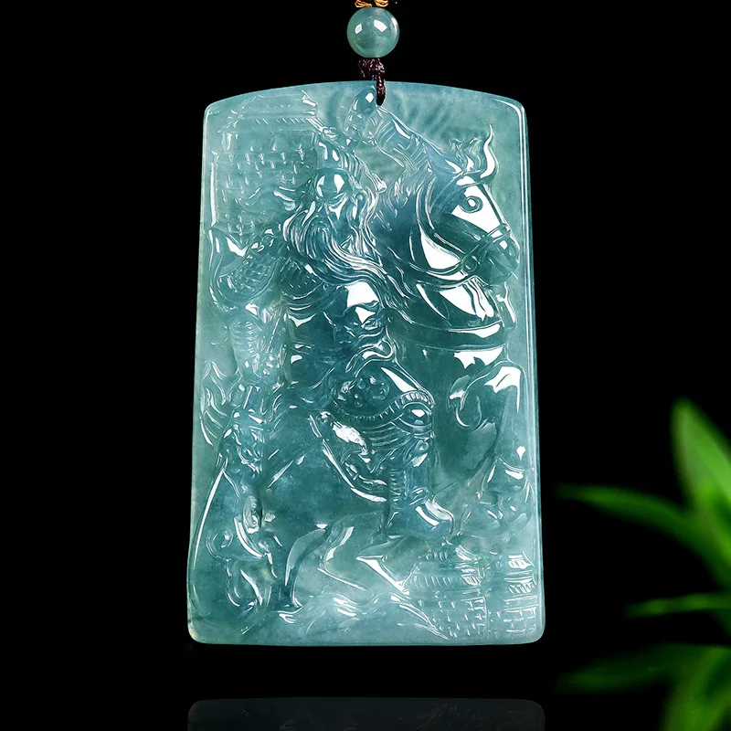 Natural Real Emerald Blue Water Jade Divine Dragon Lord Guan Pendant Necklace Carved Jadeite Jewelry Amulet Gifts Certificate