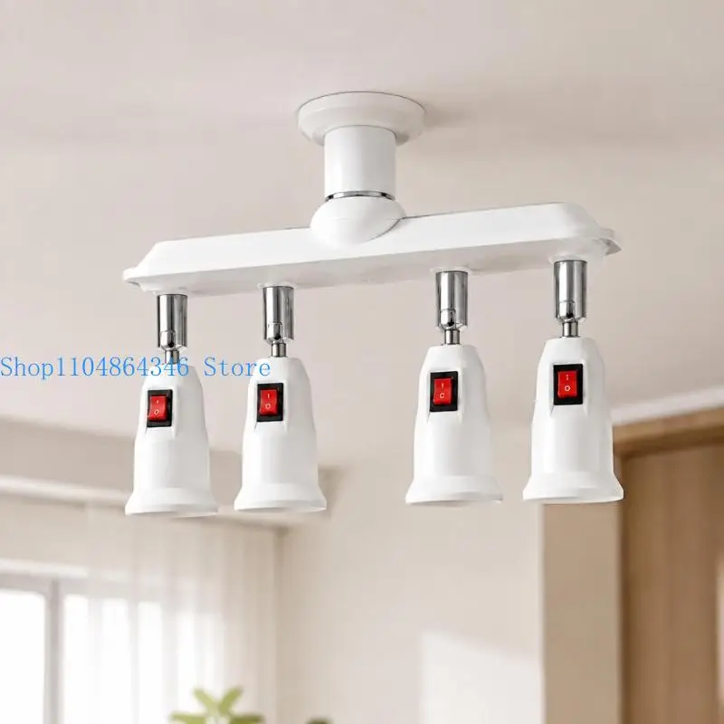 652F E26 E27 Lamp Base Splitter with 4 Independent On Off Controls, Four Head Light Bulb Holder for Garage Lighting, Workshop