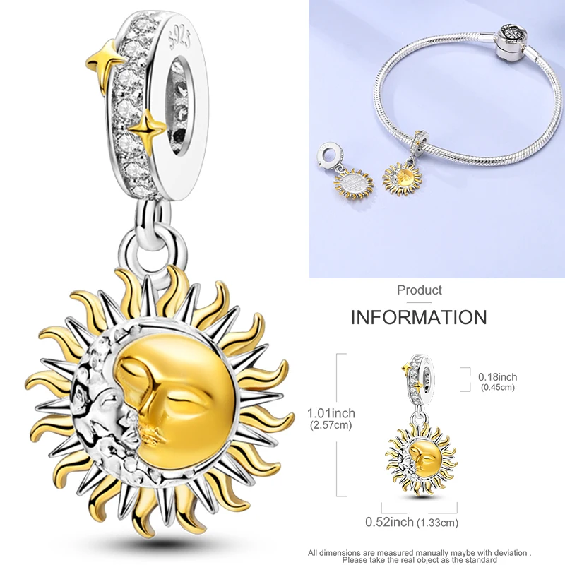 925 Sterling Silber Sonne Sternenhimmel Charms Serie Gold Sonne Sterne Mond Anhänger Passend für Armband DIY Schmuck Original Mode für Frauen – Detail 28