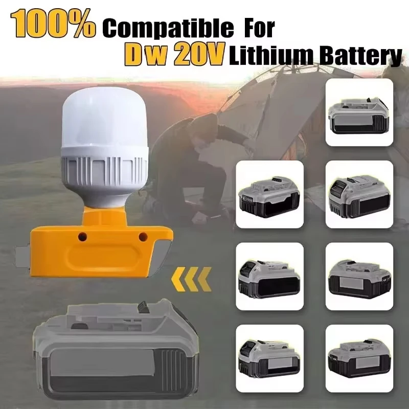 For Dewalt 18V 20V Lithium‑ion Battery Portable LED Flood Light 12W Dimmable Cool White E27 Bulb Outdoor Garage Work Lamp