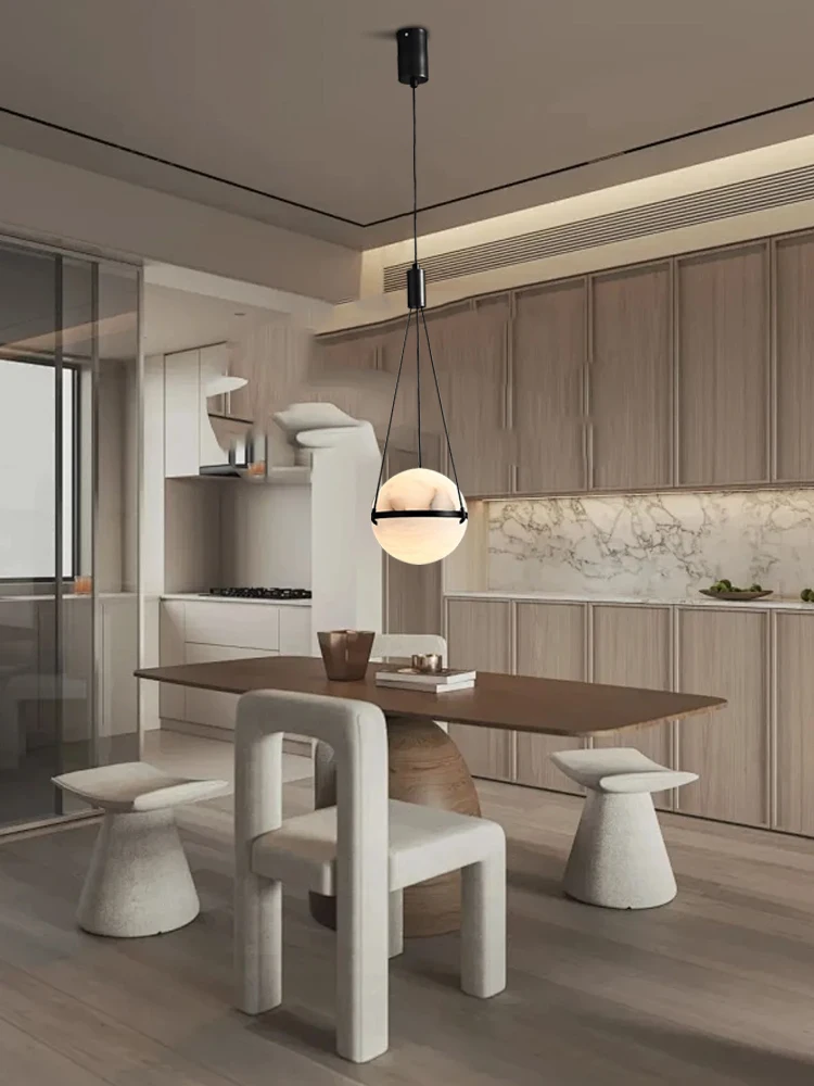 Modern LED Spherical Natural Marble Pendant Light, Home Decor Dining Table Kitchen Island Alabaster Hanging Lamp Black Stone