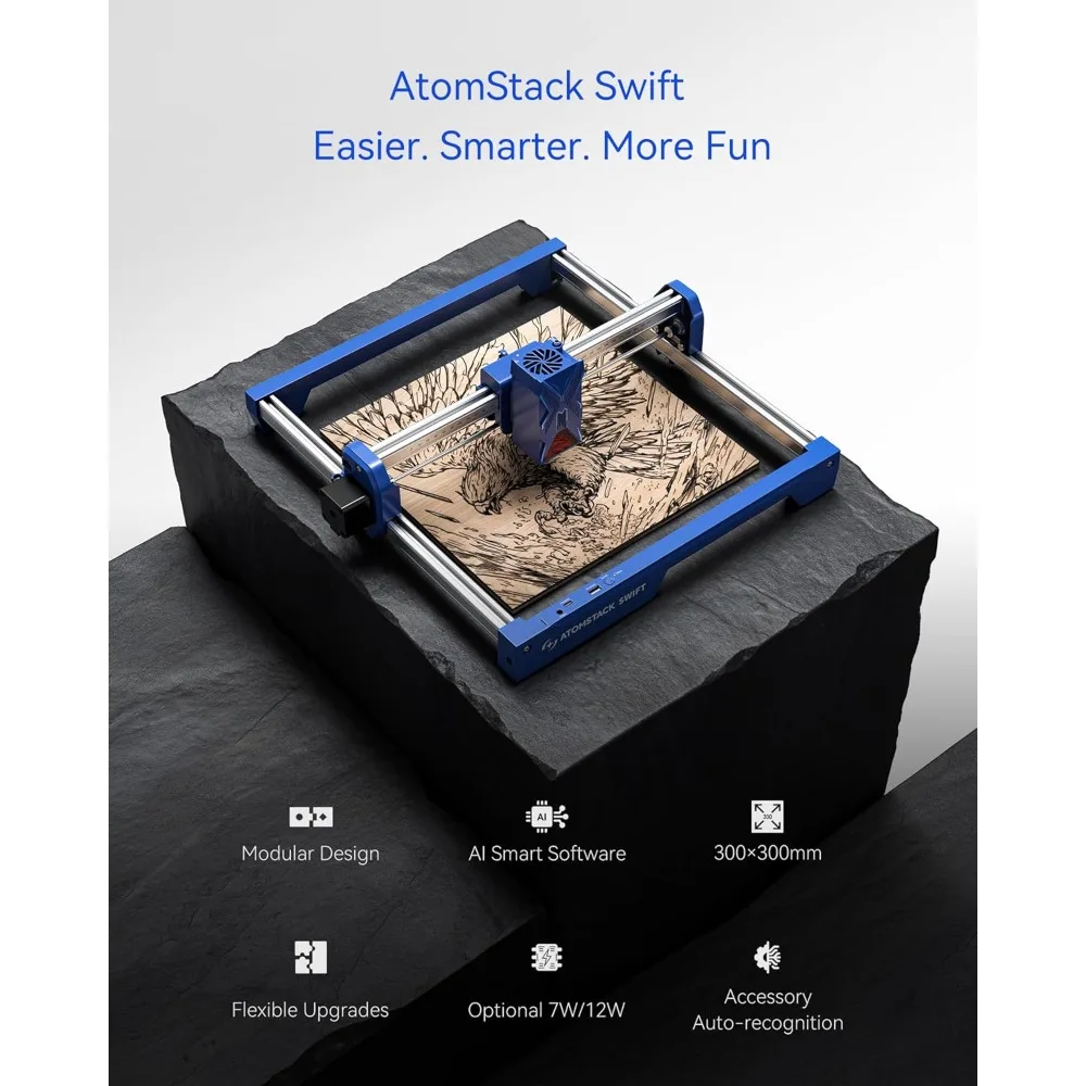 Incisore laser da 7 W, taglierina laser Swift da 7 W, macchina per incisione laser ad alta precisione da 0,06 mm per legno e metallo, scuro