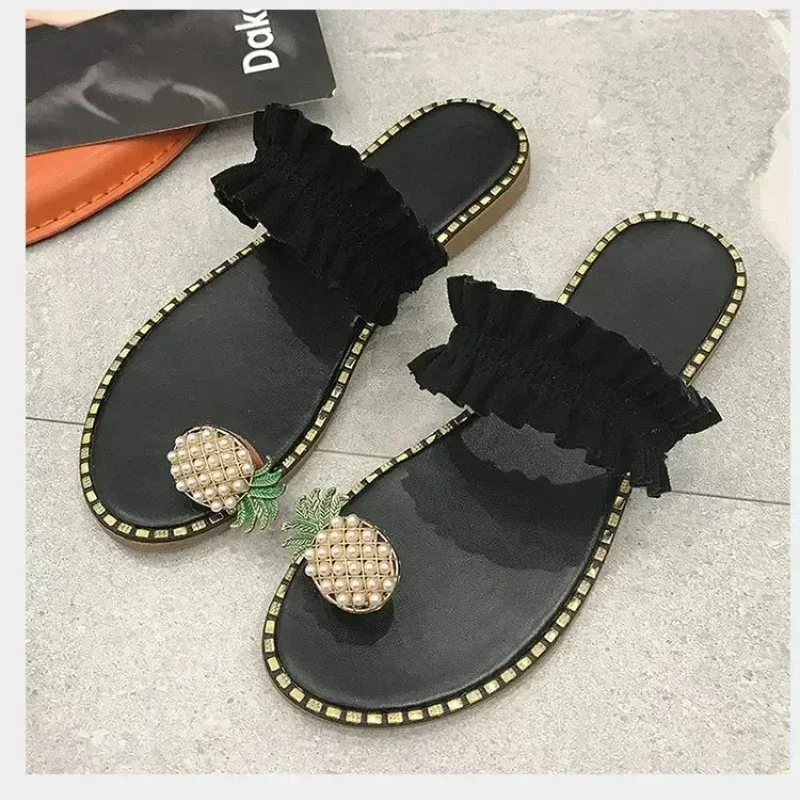 

2025 Women Slipper Pineapple Pearl Flat Toe Bohemian Summer Beach Sandals Ladies Shoes Outdoor Leisure Plus Size Mujer Verano