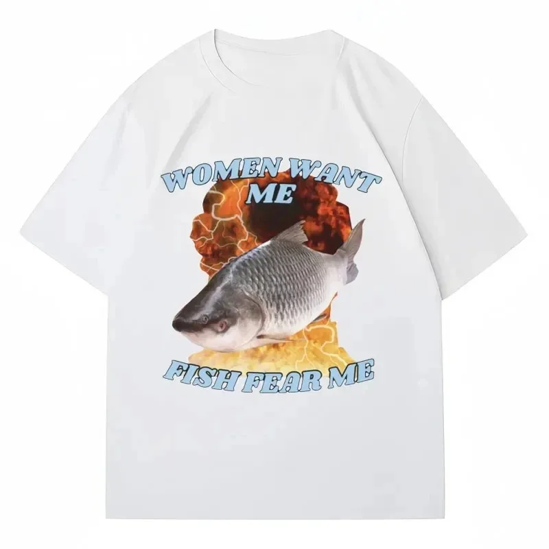 Funny Women Want Me Fish Fear Me Meme Graphic Print Tee Trendy Harajuku Vintage Fishing Women Breathable Short Sleeve Casual Tee