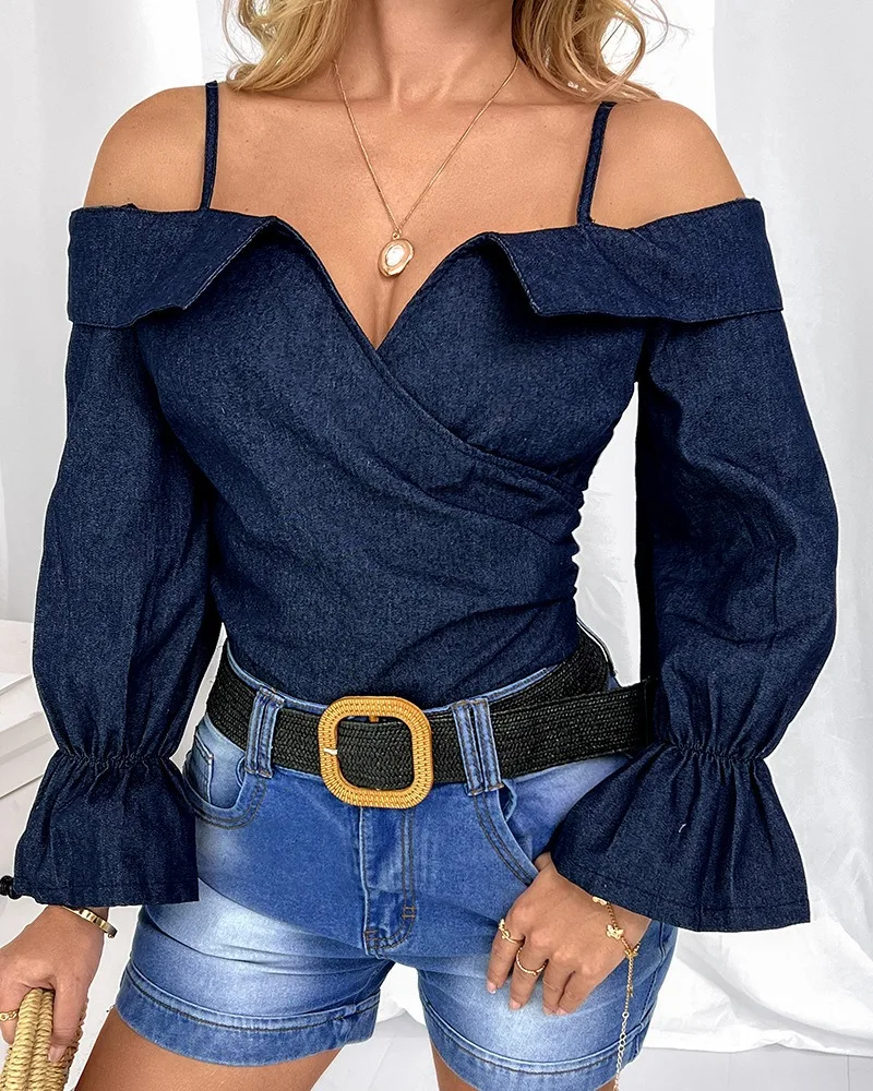 Summer Women Top Fashion Off Shoulder Drop Long Sleeve Blouse Chic Elegant Shirring Tops