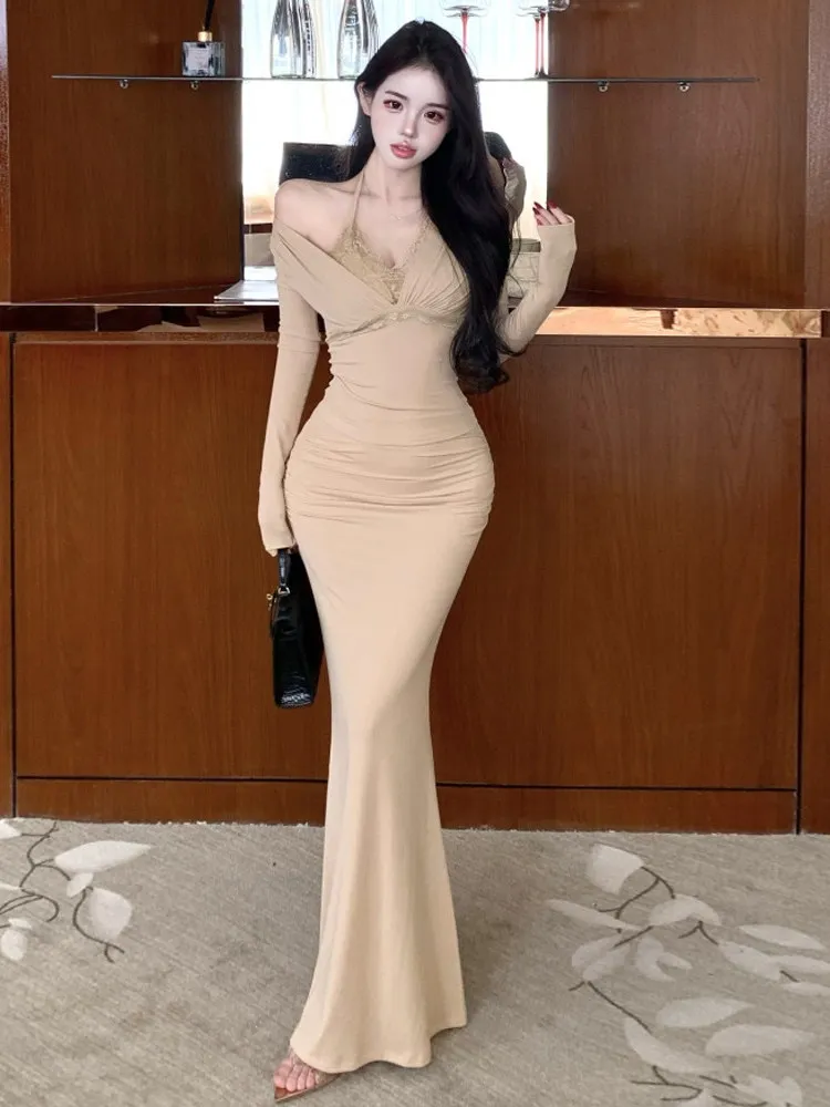 Sexy Long Sleeve High Waist Pleated Slim Fit Fish Tail Half Body Skirt Set V Neck T Shirt Breathable mid Weight No  Cas...