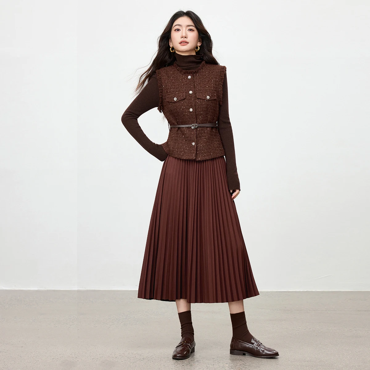 SENTUBILA Set coordinato gratuito da donna 2025 autunno gilet in tweed e gonna a trapezio in vita elastica set casual da ufficio a due pezzi ﻿ 154ZA3673