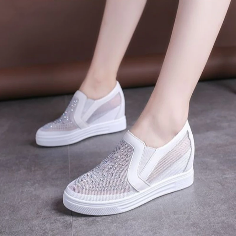 Women Slip on White Sneakers Hidden Wedge Height Increasing Mesh Breathable Shoes 2026 Summer Casual Fashion